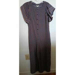 Max Studio Wide Leg Jumpsuit Medium Blue Geometric Print Loose Cruise Resort